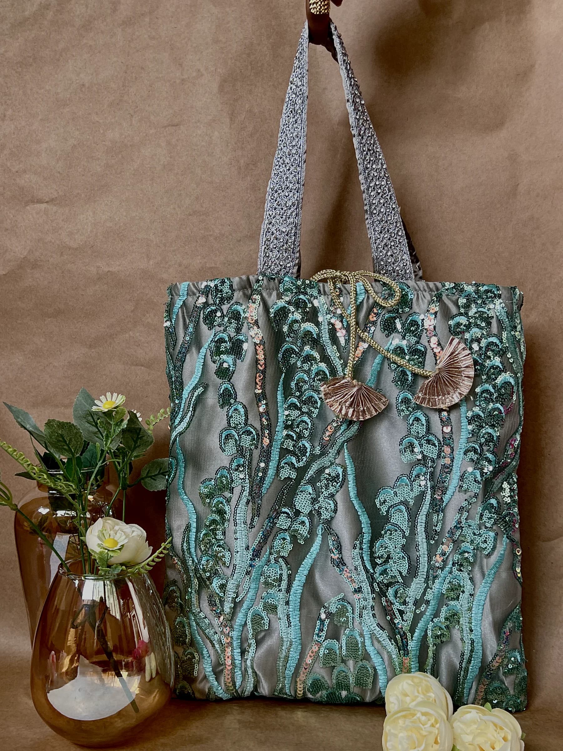 Aqua Blue Sequined Net Jhola