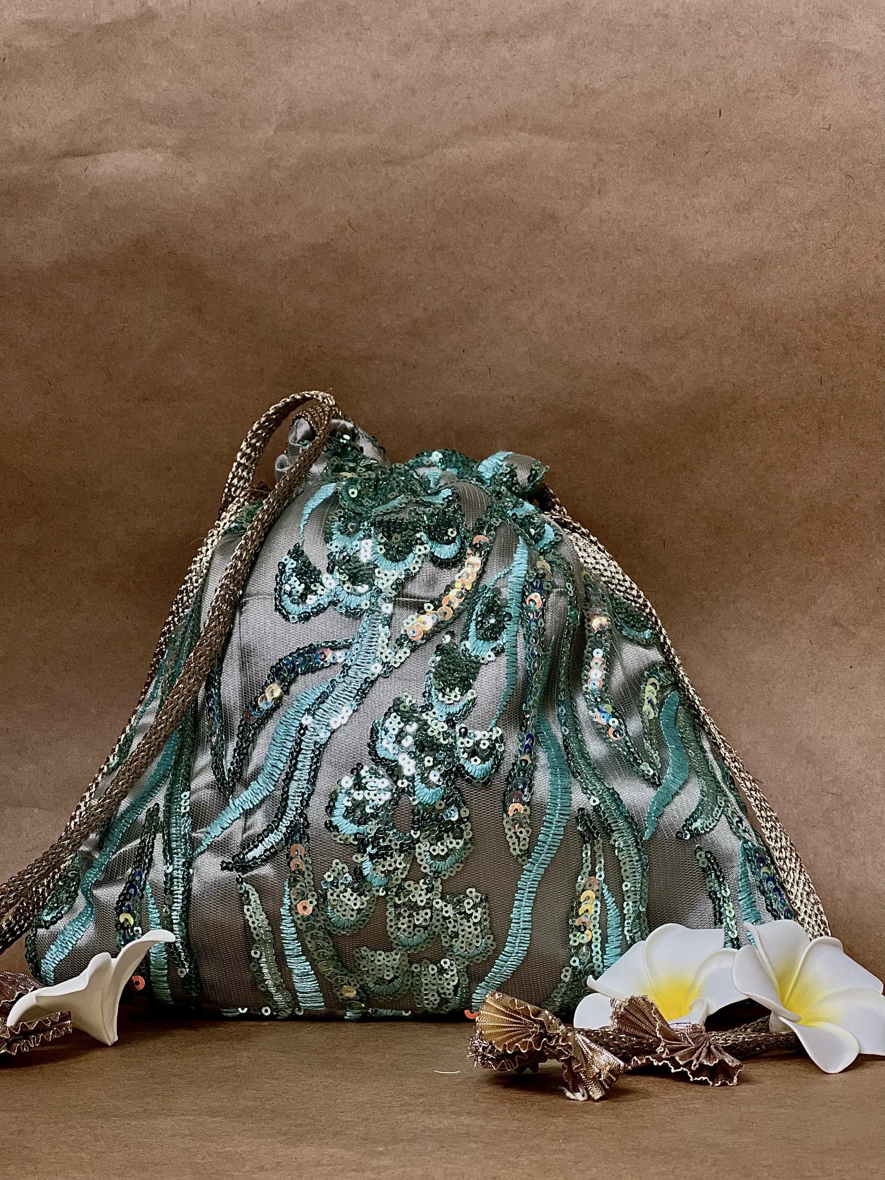 Aqua Blue Sequined Net Potli