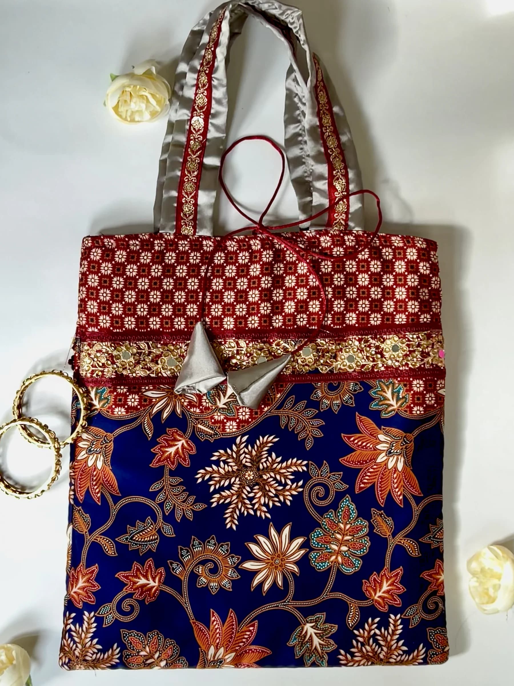 Blue, Red & Gold Bali Printed Viscose Jhola