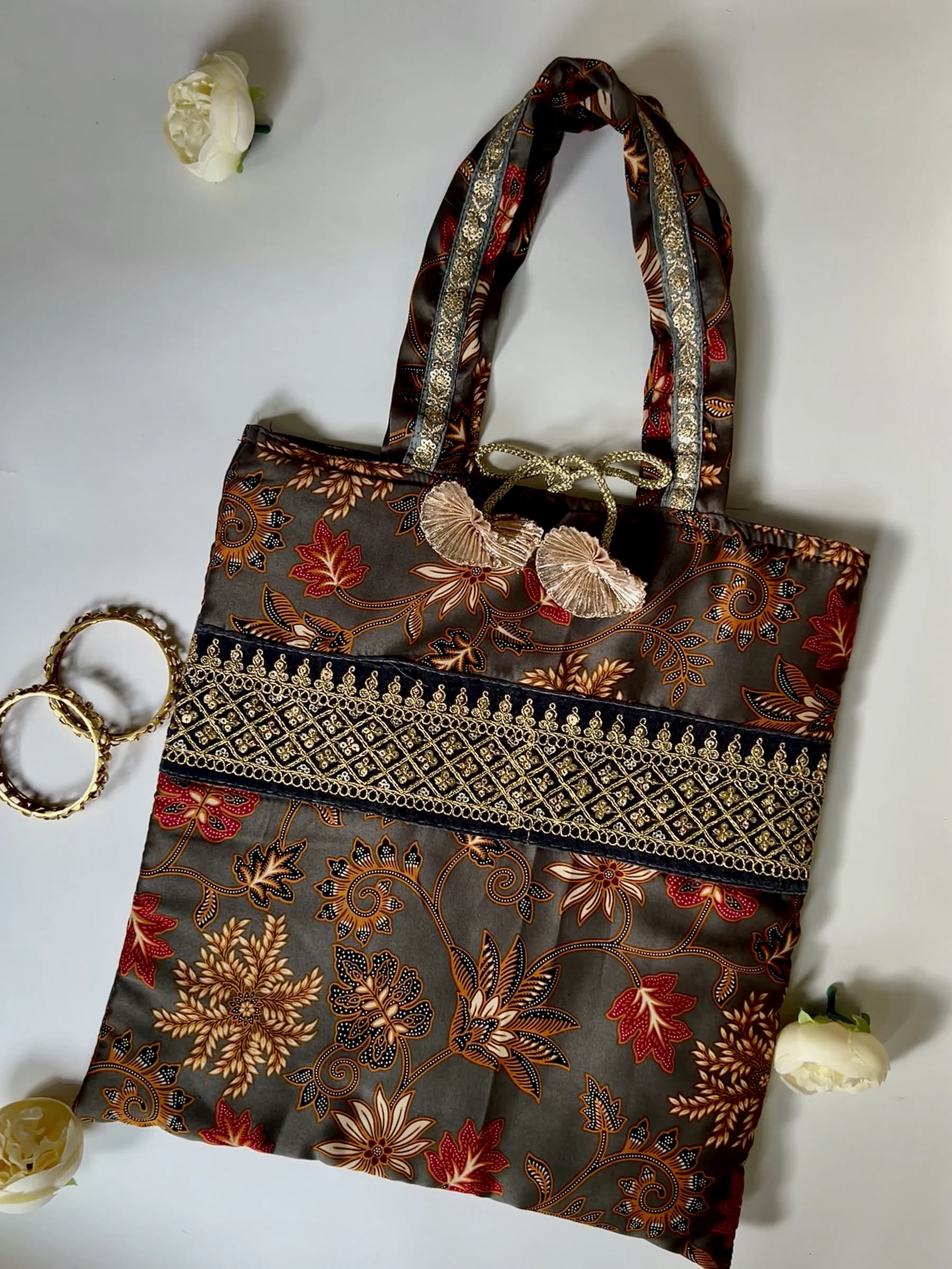Brown, Grey & Gold Bali Printed Viscose Jhola