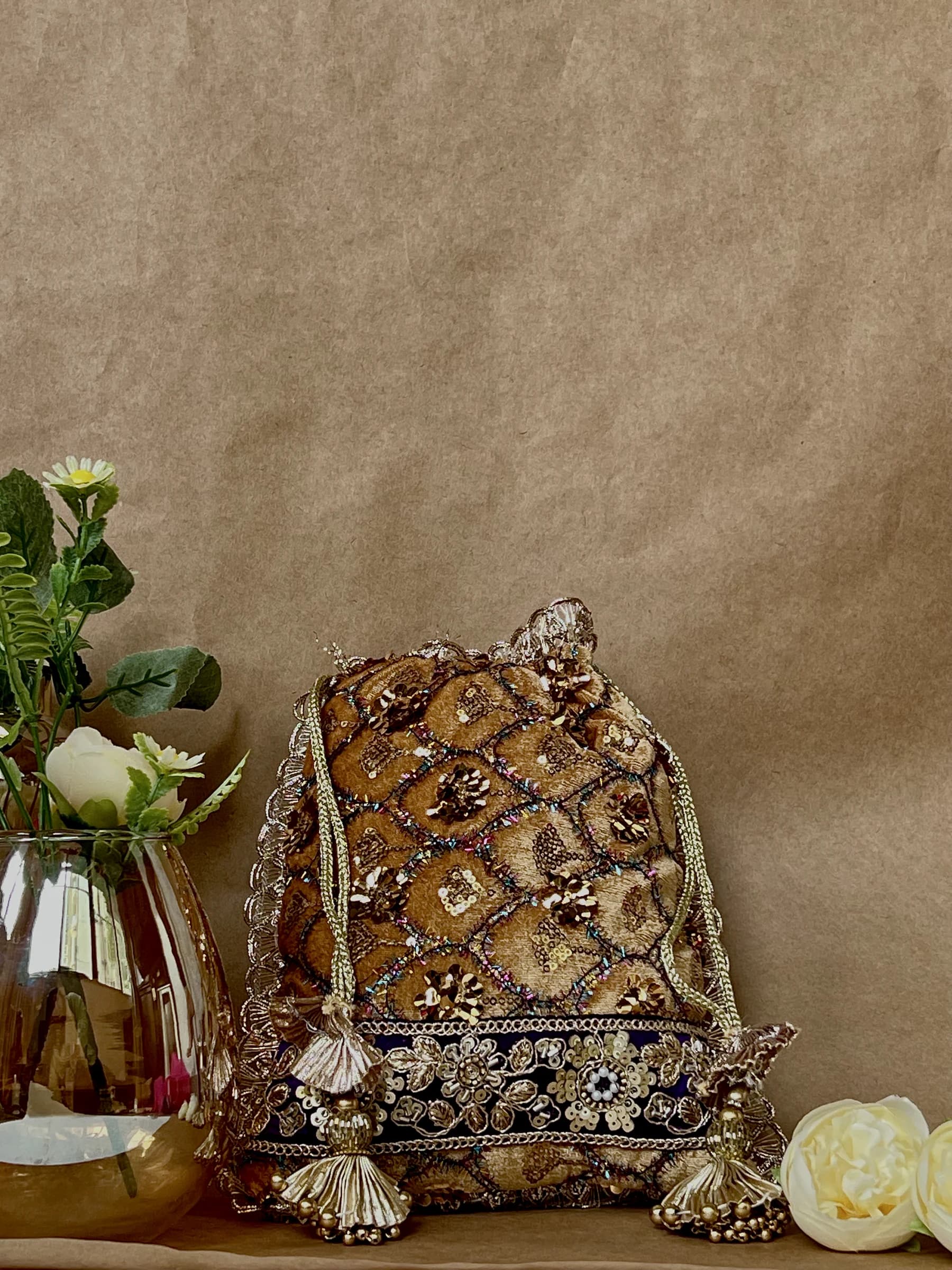 Camel Velvet Embroidered Potli