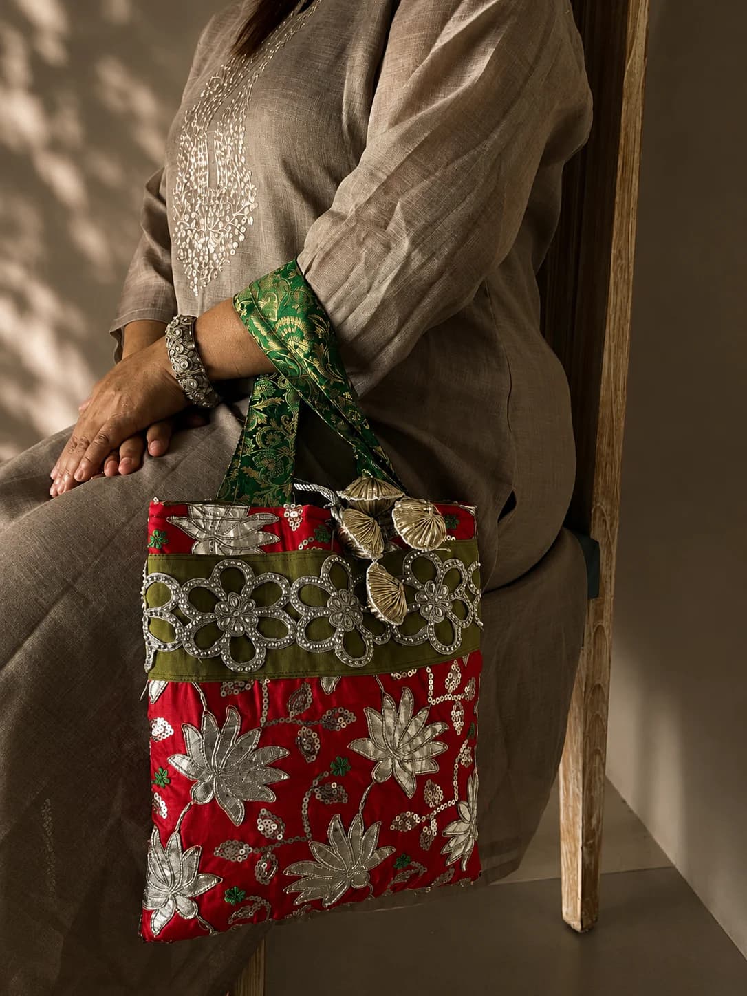 Green, Red & Silver Patchwork Jhola