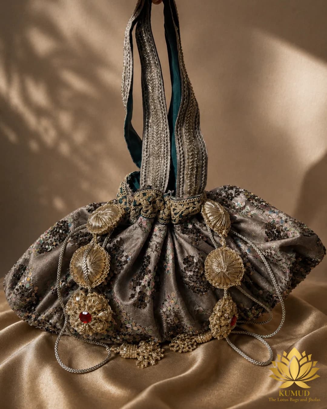 Grey Velvet Embroidered Potli