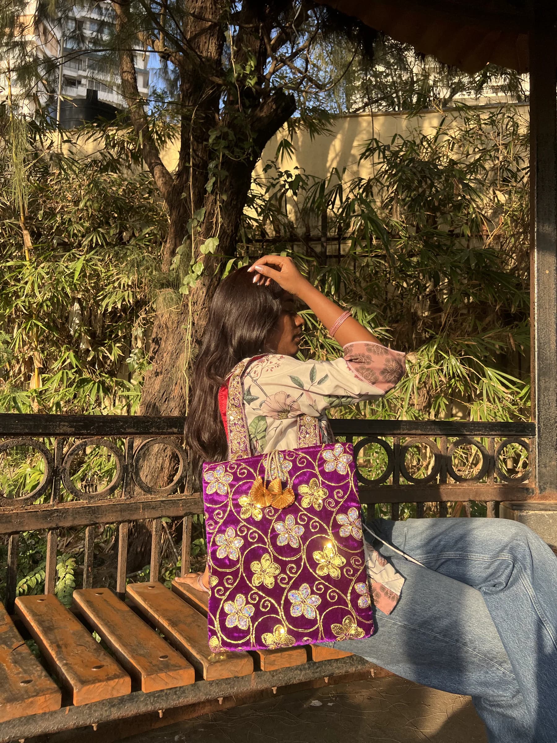 Purple Appliqué Velvet Jhola