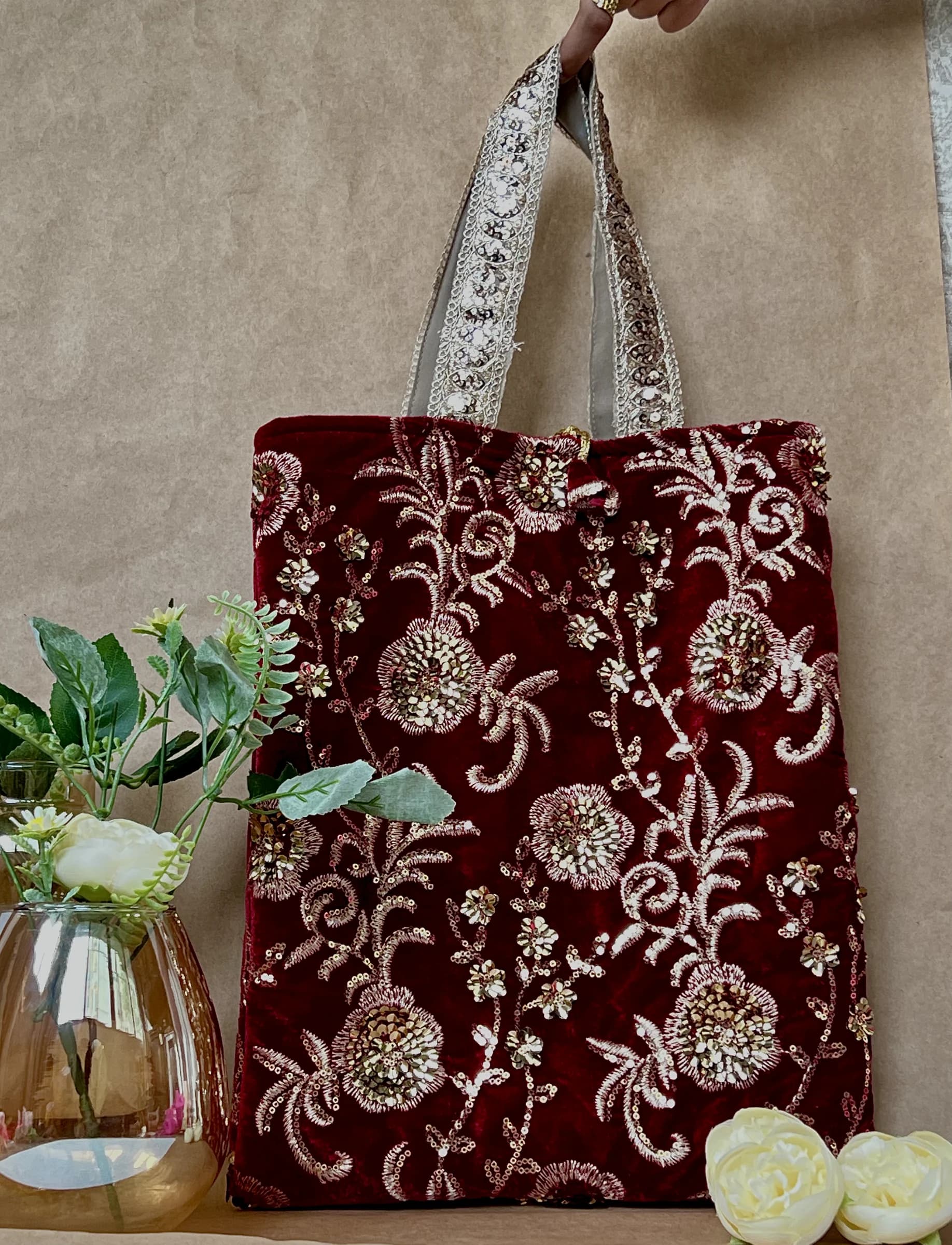 Red Embroidered Velvet Jhola