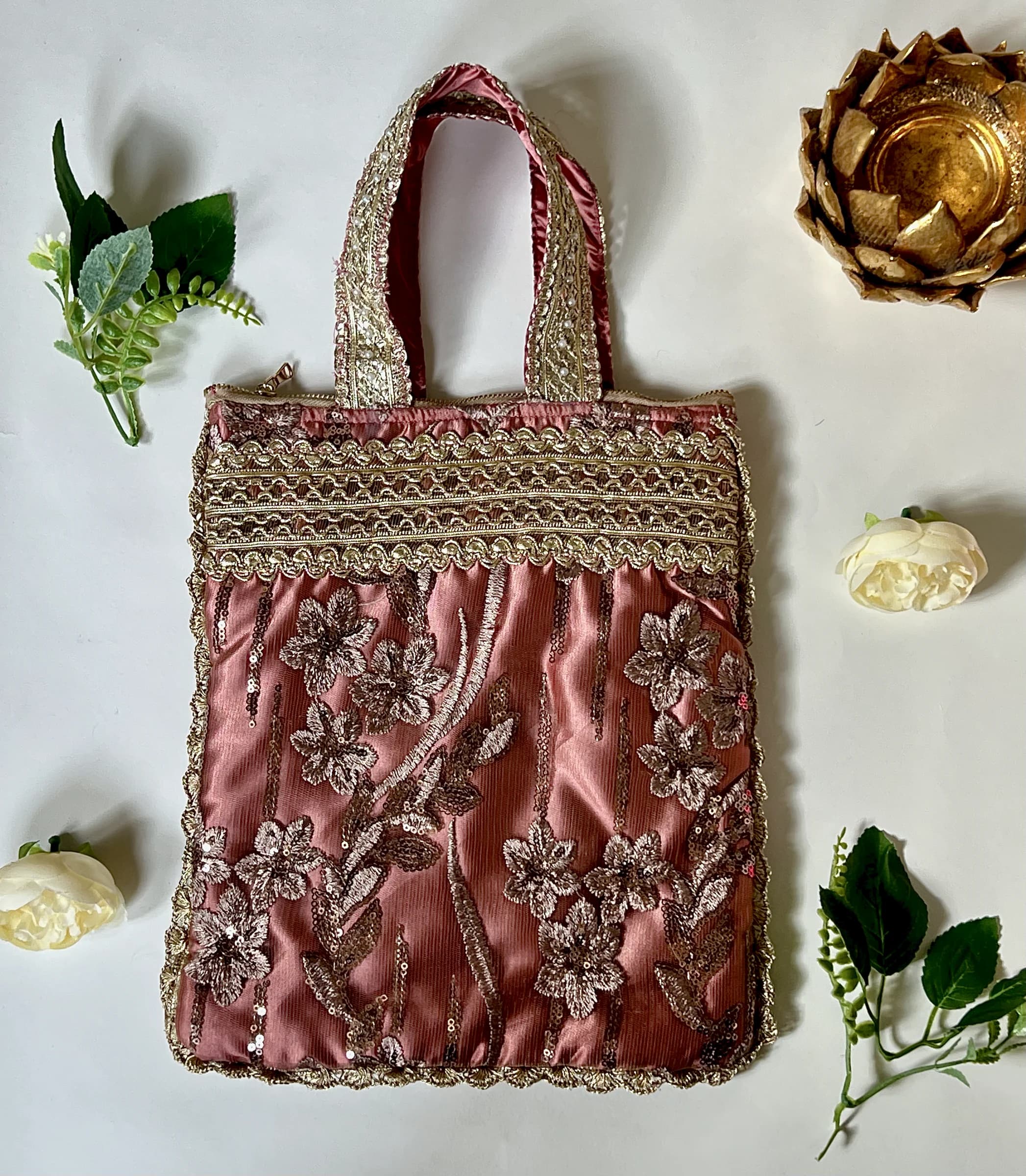 Rust Embroidered Lace Net Bag