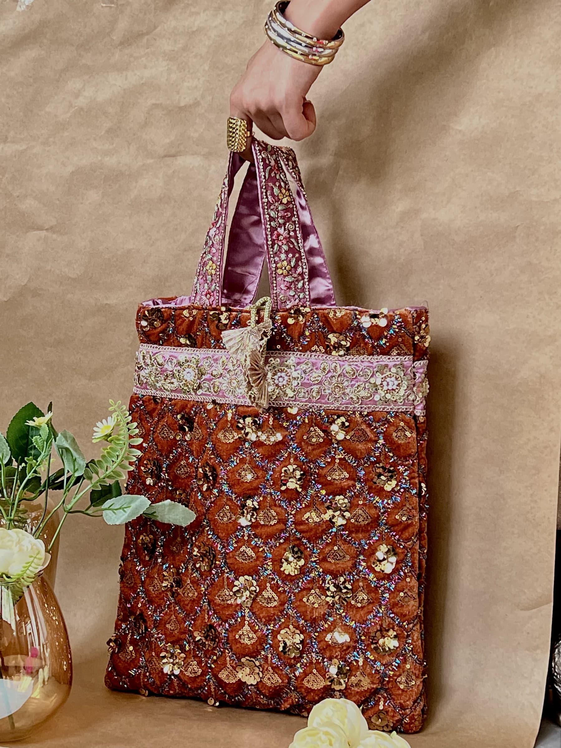 Rust Embroidered Velvet Jhola