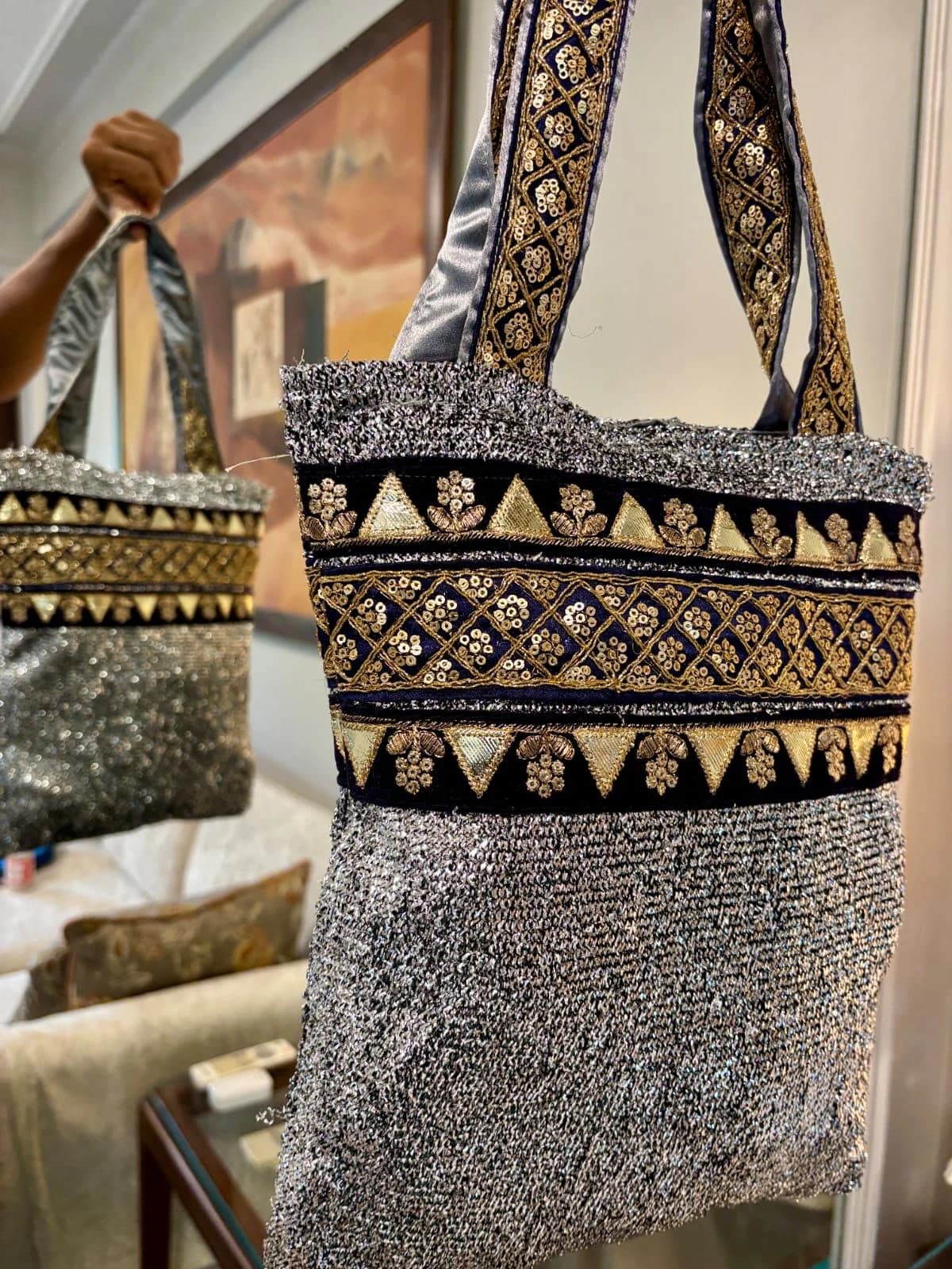 Silver Lamé Navy-Lace Bag