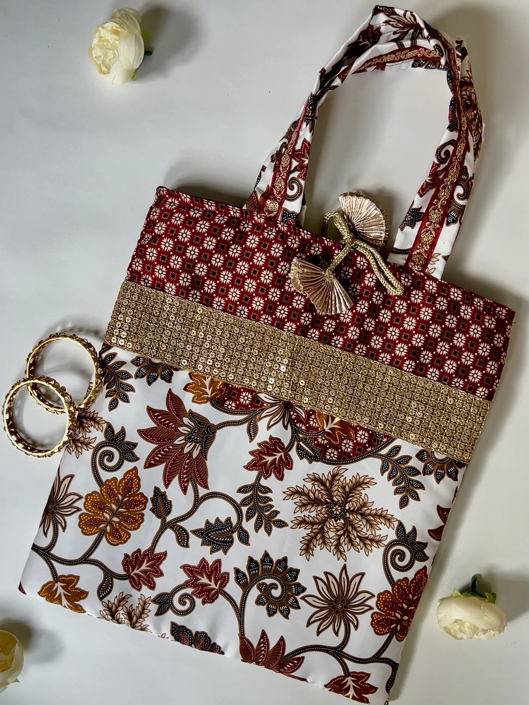 White, Red & Gold Bali Printed Viscose Jhola