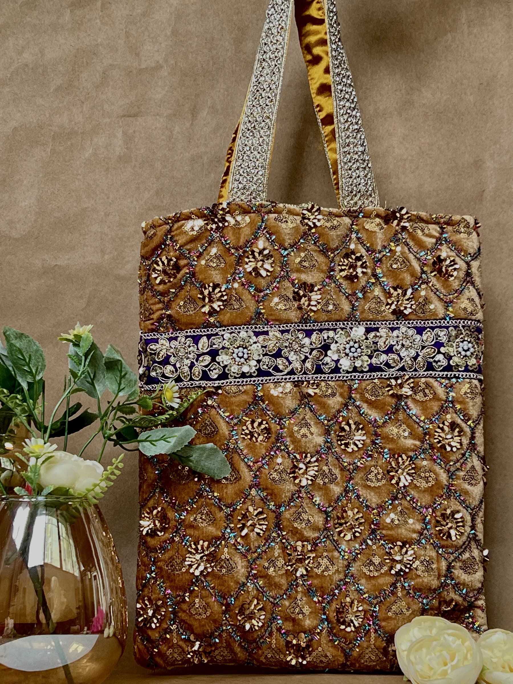 Yellow Ochre Embroidered Velvet Jhola